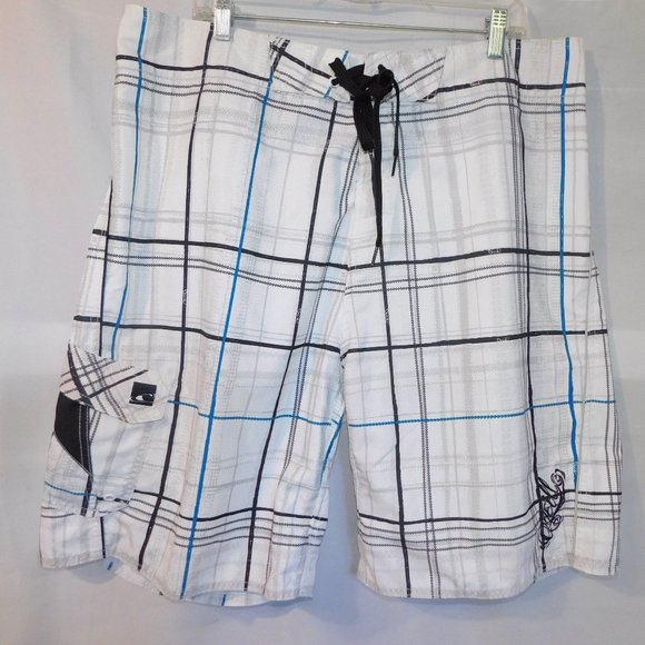 O'neill Mens 38 White Black Blue Check Plaid Unlined Board Shorts - Picture 1 of 12